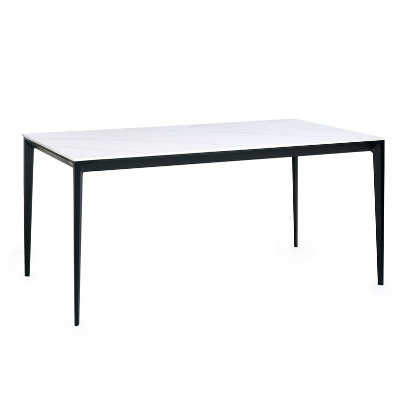 Rectangular table with white top and black legs on a white background