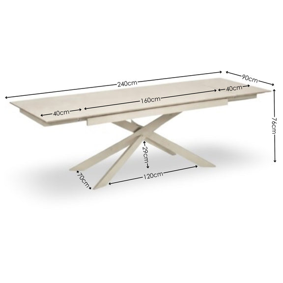 Beige dining table with dimensions marked on a white background