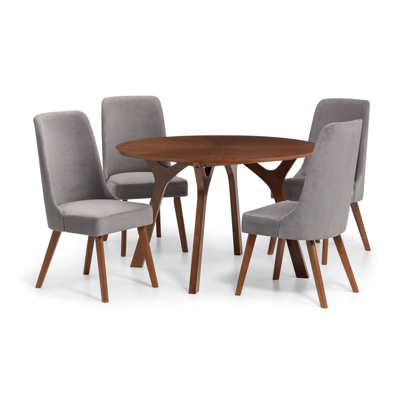 Dining table set with four gray chairs on a white background