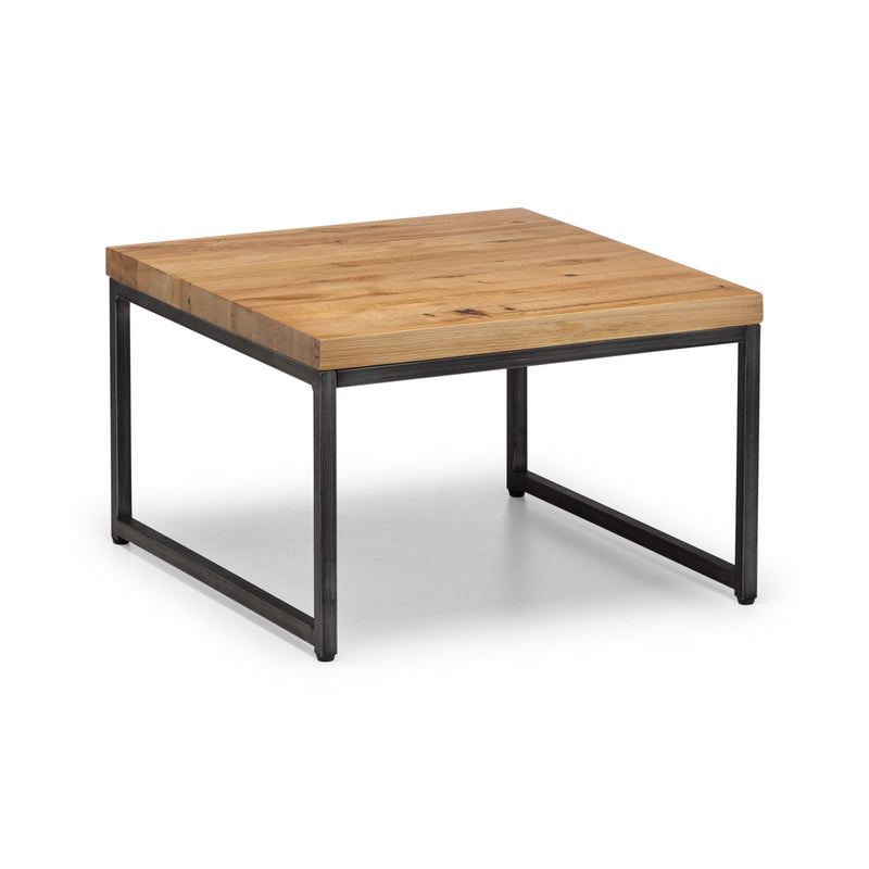 Square wooden table with black metal legs on a white background