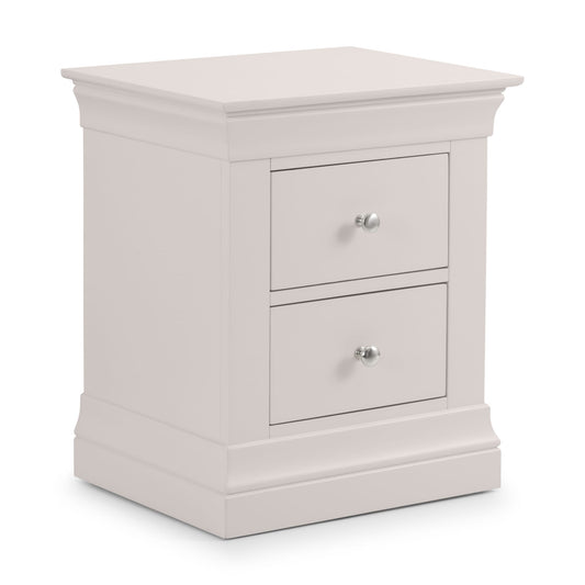 Light gray nightstand with two drawers on a white background