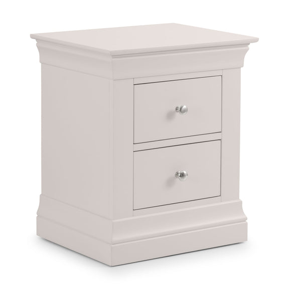 Light gray nightstand with two drawers on a white background
