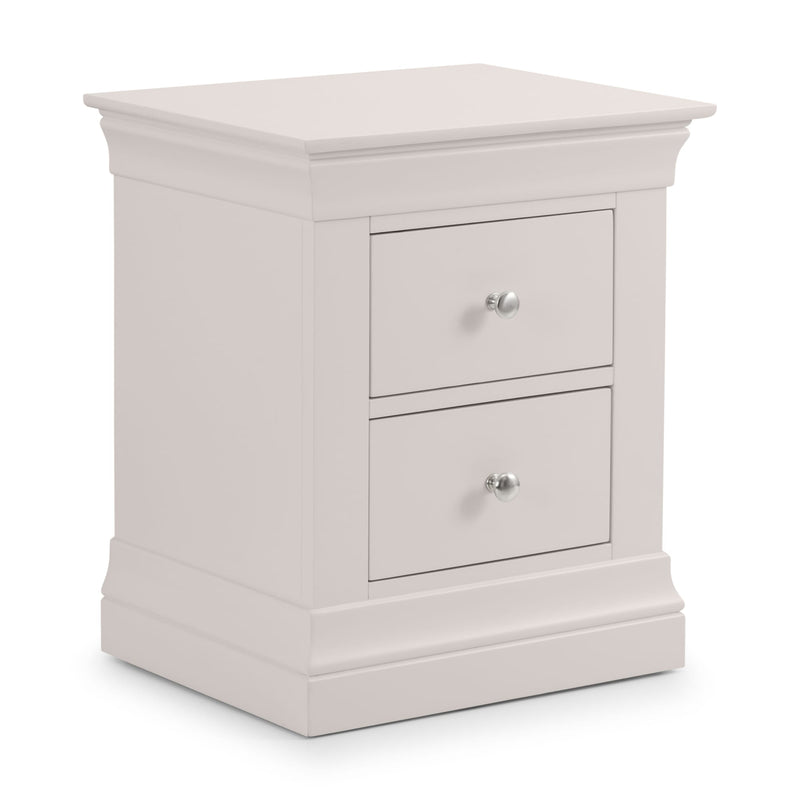 Light gray nightstand with two drawers on a white background