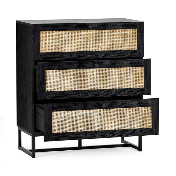 Black dresser with rattan drawers on a white background