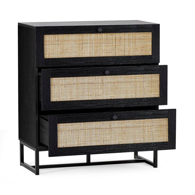 Black dresser with rattan drawers on a white background