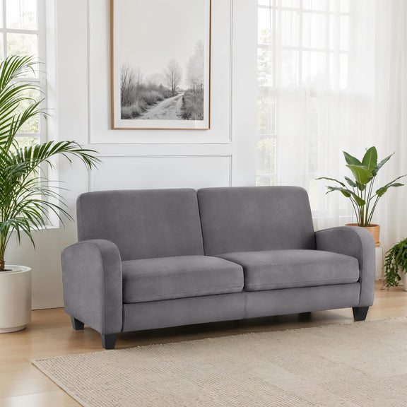 Gray sofa in a room with plants and a framed picture on the wall.