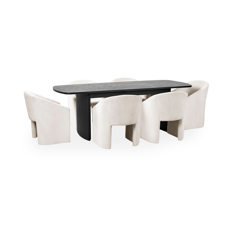 Dining table with four modern white chairs on a white background