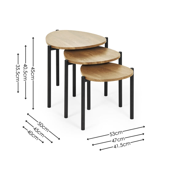 Set of three wooden nesting tables with dimensions on a white background