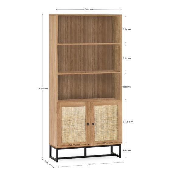 Wooden bookshelf with dimensions labeled on a white background