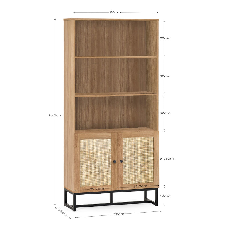 Wooden bookshelf with dimensions labeled on a white background