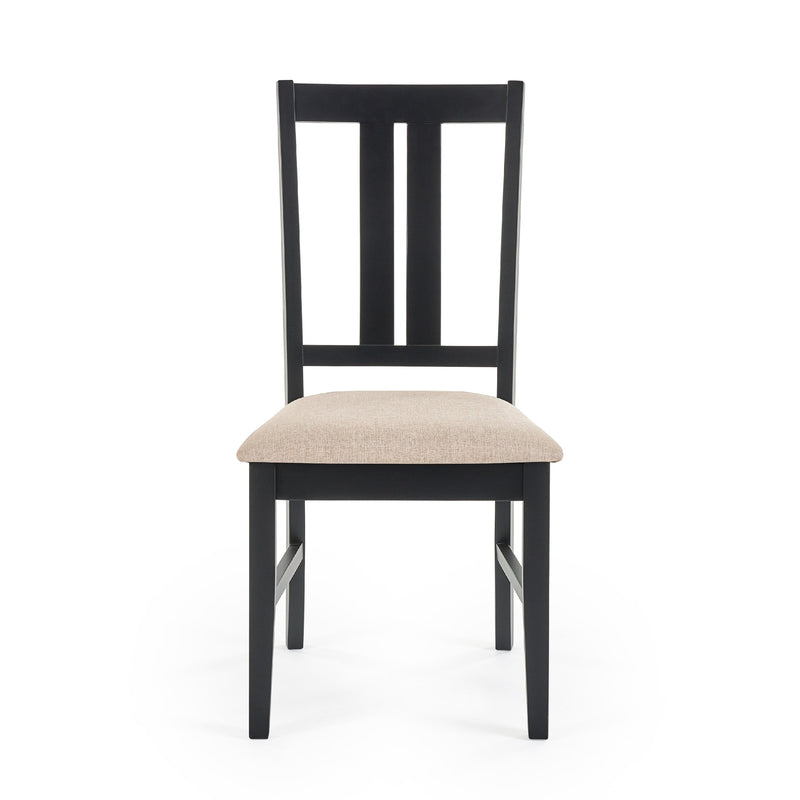 Black wooden chair with a beige cushion on a white background