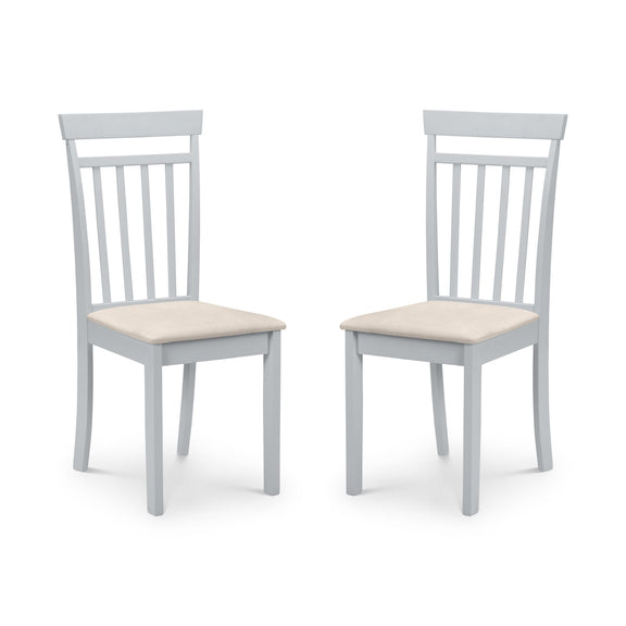 Two gray chairs with beige seats on a white background