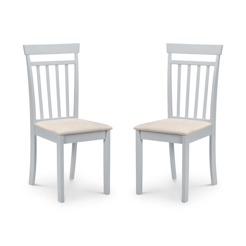 Two gray chairs with beige seats on a white background
