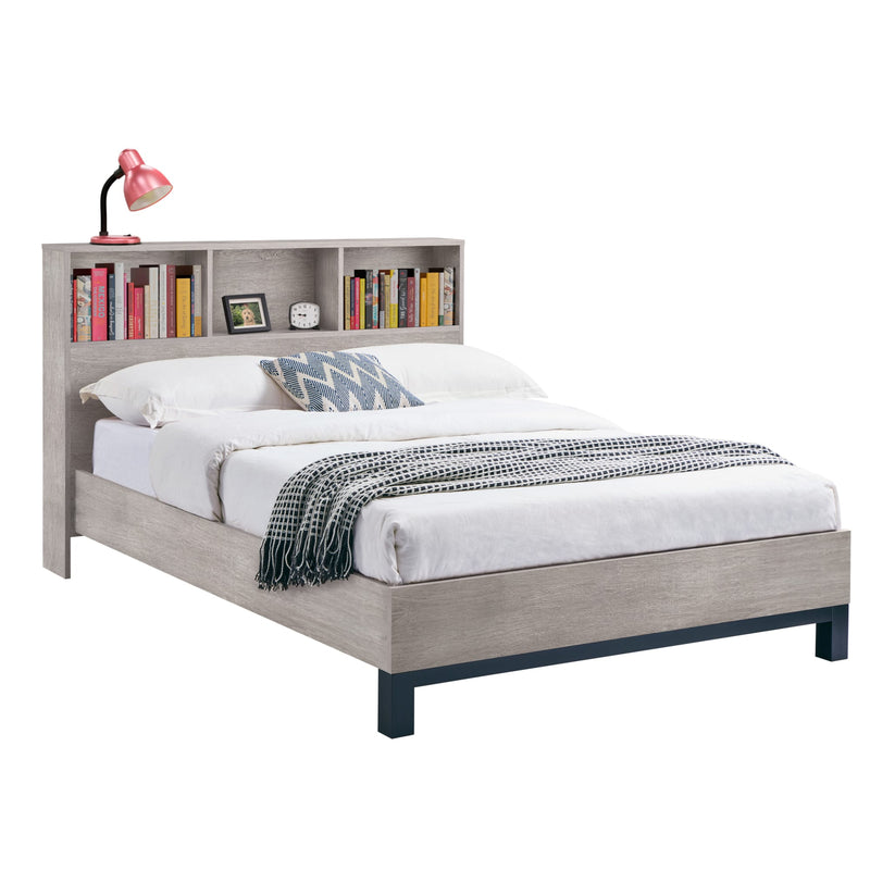 Bedroom setup with a bed, bookshelf, and lamp on a white background