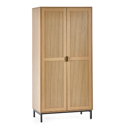 Wooden wardrobe with slatted doors on a white background