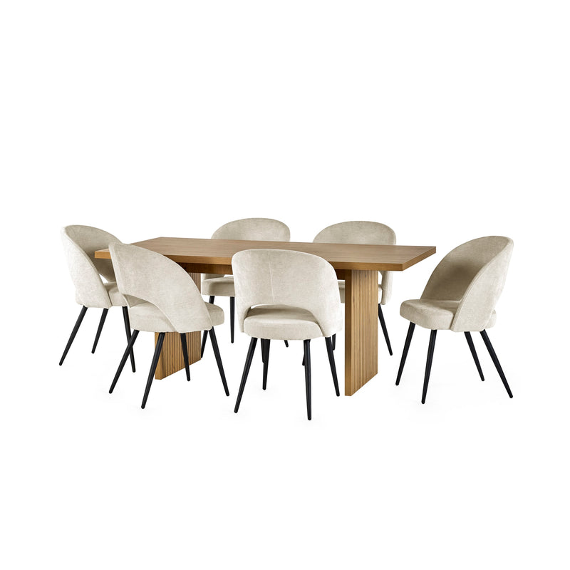Dining table set with six white chairs on a white background