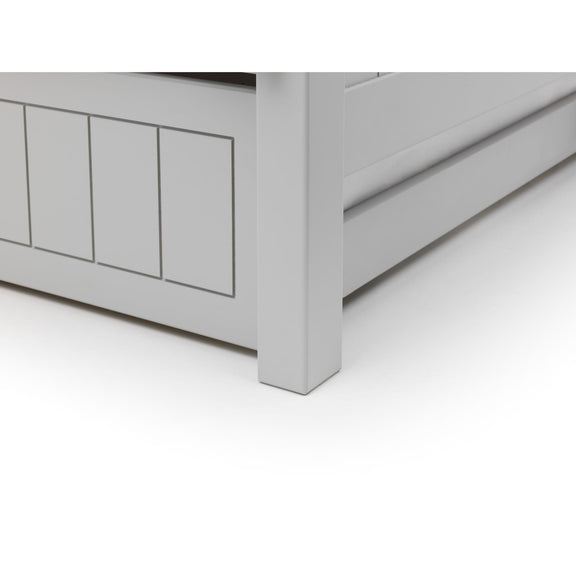 Gray wooden bench with panel design on a white background