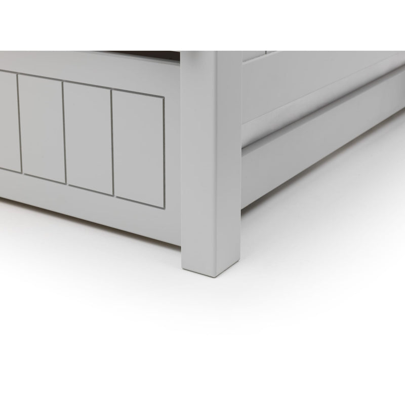 Gray wooden bench with panel design on a white background