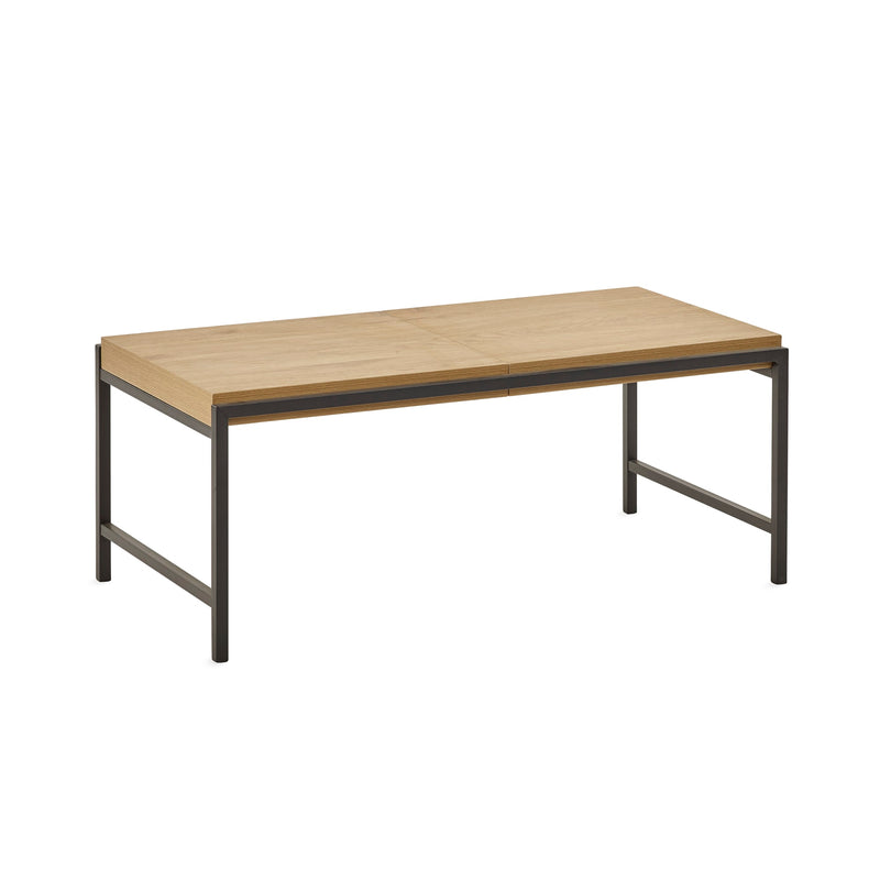 Wooden table with metal legs on a white background
