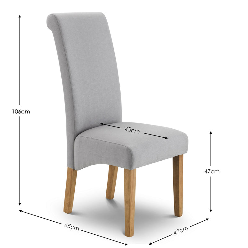 Gray upholstered chair with wooden legs and dimensions marked on a white background