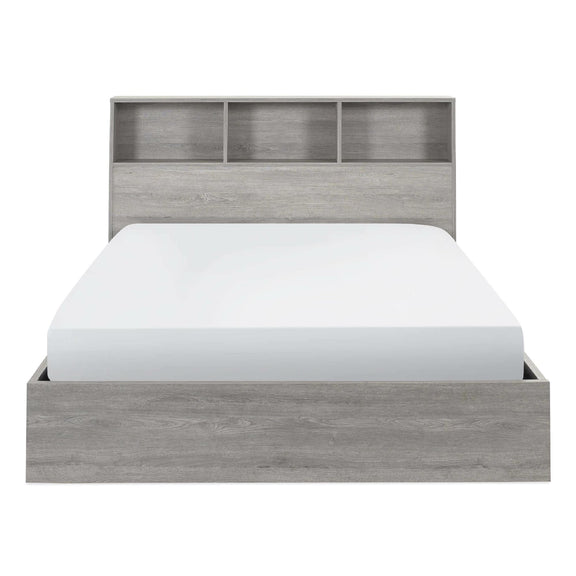 Wooden bed frame with a headboard on a white background
