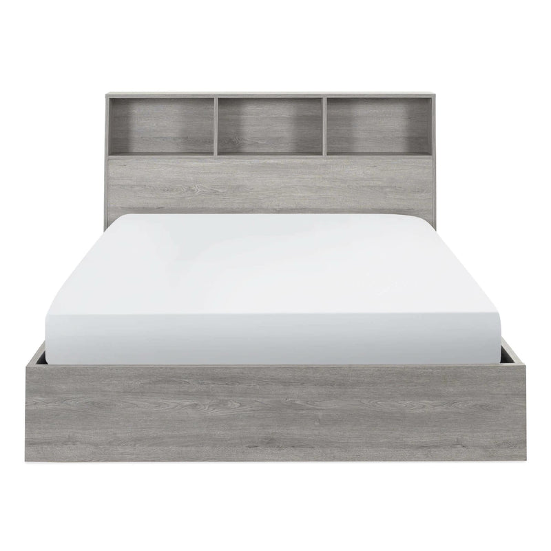 Wooden bed frame with a headboard on a white background