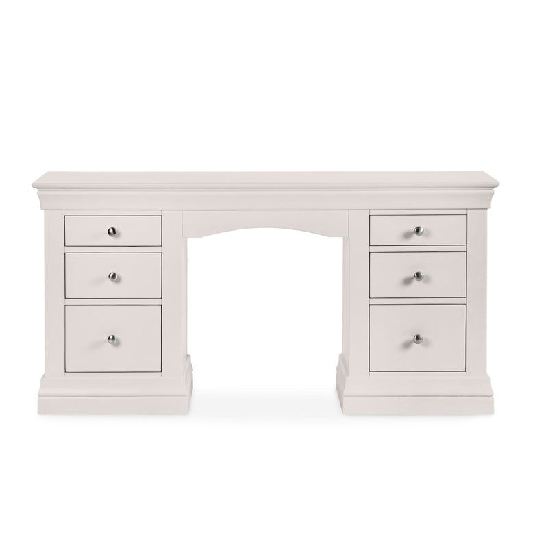 White desk with multiple drawers on a white background