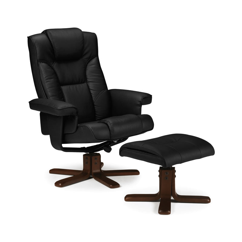 Brown leather recliner chair with ottoman on a white background
