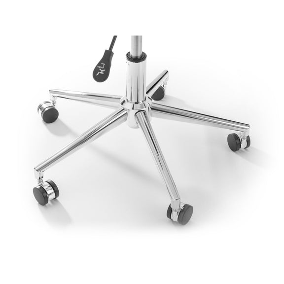 Close-up of a chair's metal base with wheels on a white background
