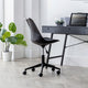 Black office chair in front of a desk with a laptop and plants in a bright room.