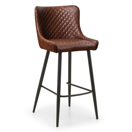 Brown quilted bar stool with black metal legs on a white background