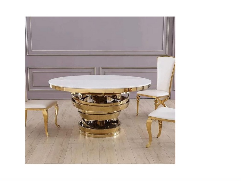Custom Made Light Luxury Round Marble Dining Table – Stainless Steel Base, 4–8 Seater