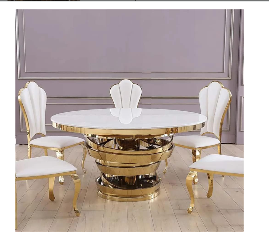 Custom Made Light Luxury Round Marble Dining Table – Stainless Steel Base, 4–8 Seater