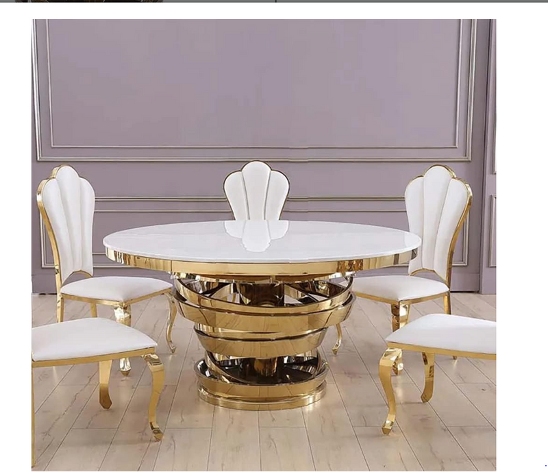 Custom Made Light Luxury Round Marble Dining Table – Stainless Steel Base, 4–8 Seater