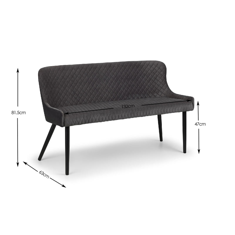 Black outdoor bench with dimensions on a white background