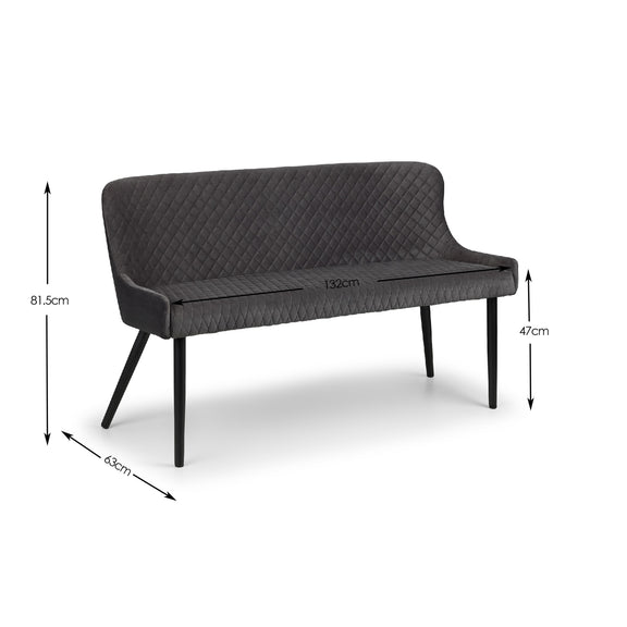 Black outdoor bench with dimensions on a white background