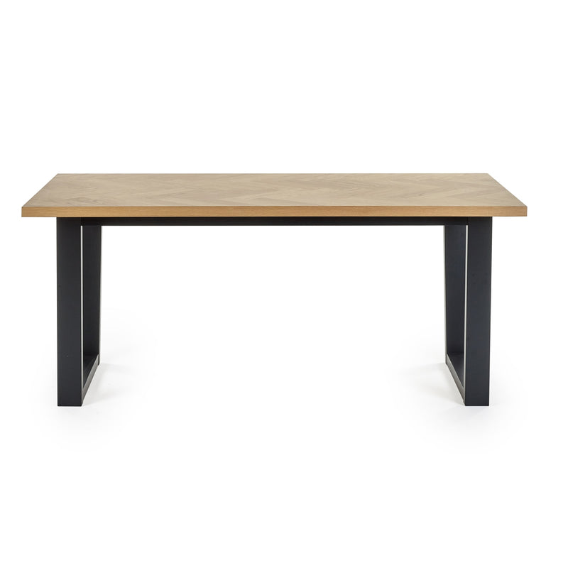 Wooden table with black metal legs on a white background