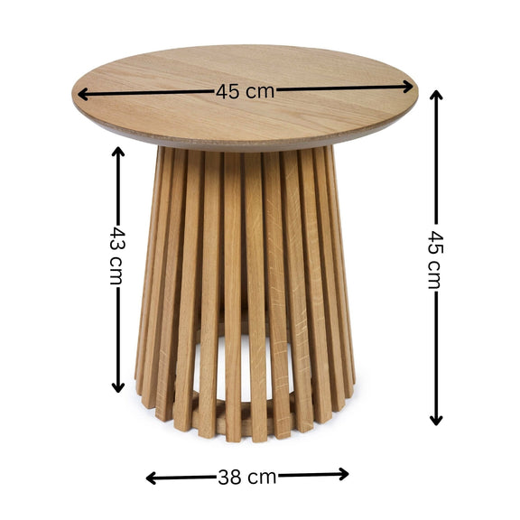 Wooden side table with dimensions labeled on a white background