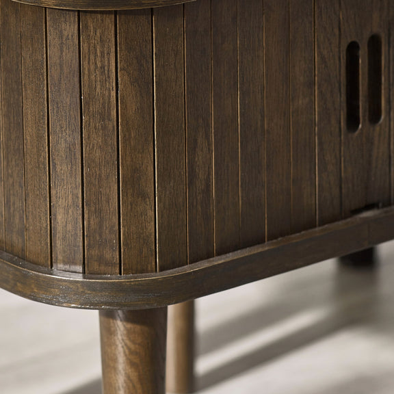 Close-up of a wooden side table with a dark brown finish.