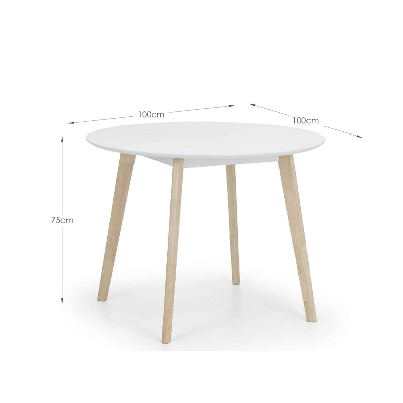 White round table with dimensions indicated on a white background