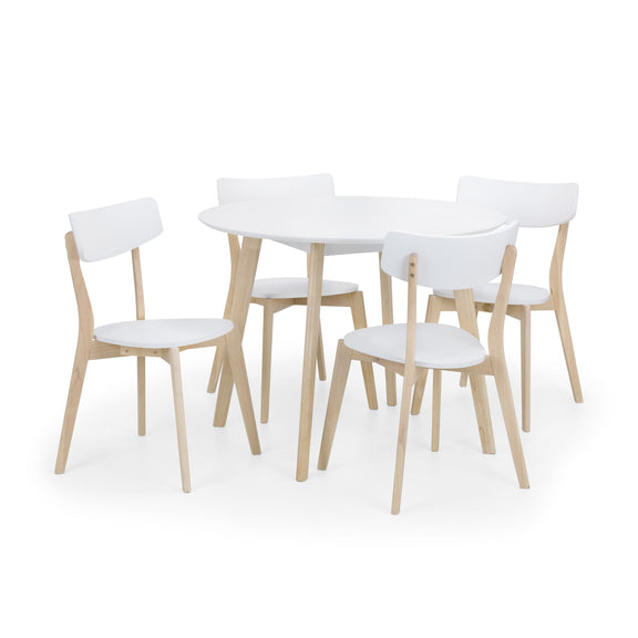 Dining table set with four chairs on a white background