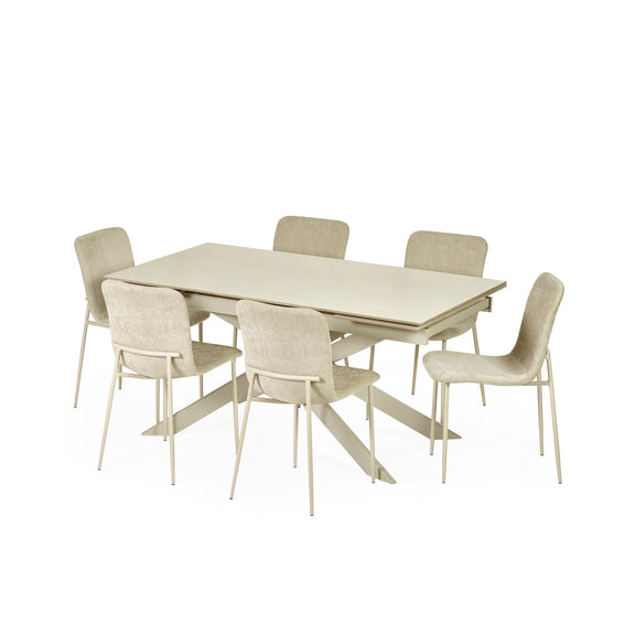 Beige dining table with six matching chairs on a white background