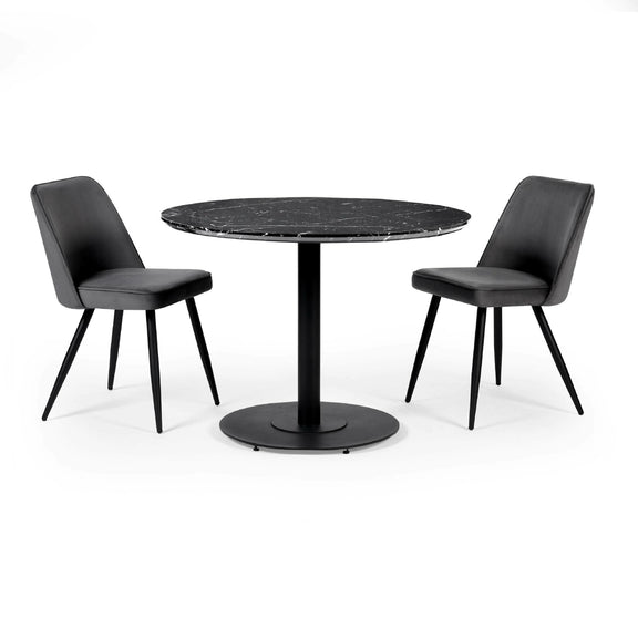 Round black marble table with two matching chairs on a white background