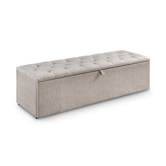 Beige tufted storage bench on a white background