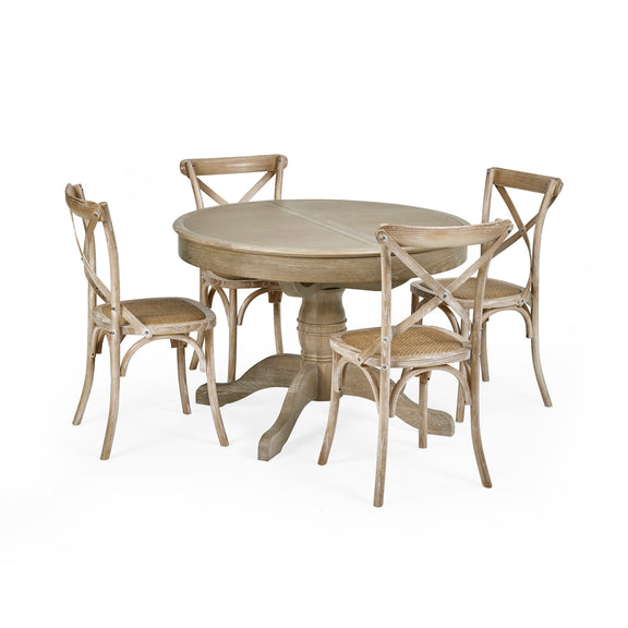 Round wooden dining table with four matching chairs on a white background