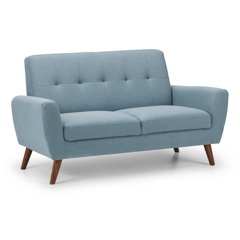Blue sofa with wooden legs on a white background