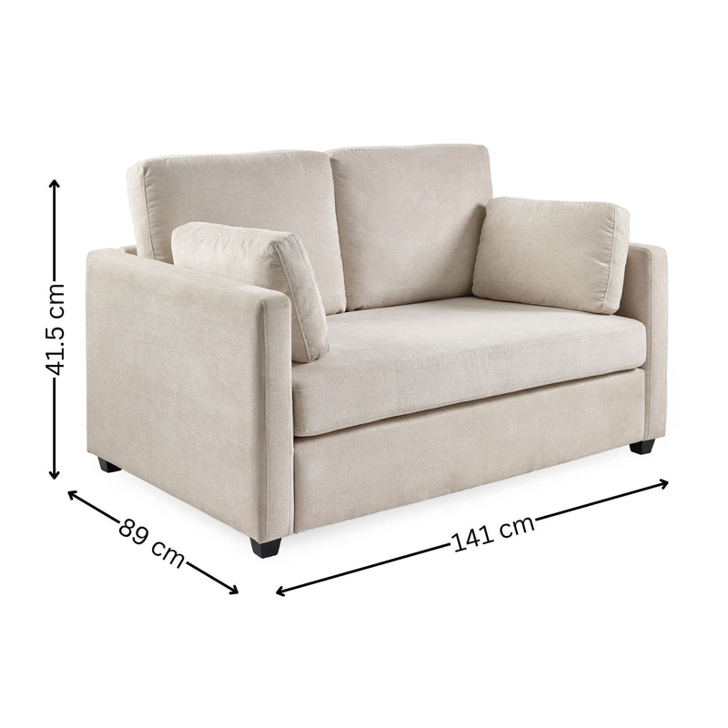 Beige sofa with dimensions marked on a white background