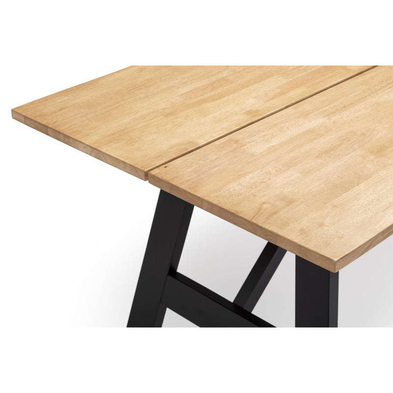 Wooden table with black metal legs on a white background