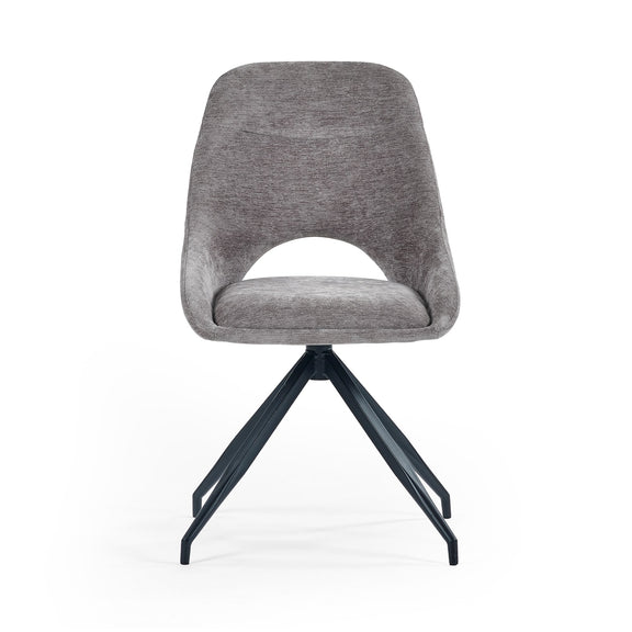 Gray upholstered chair with black metal legs on a white background