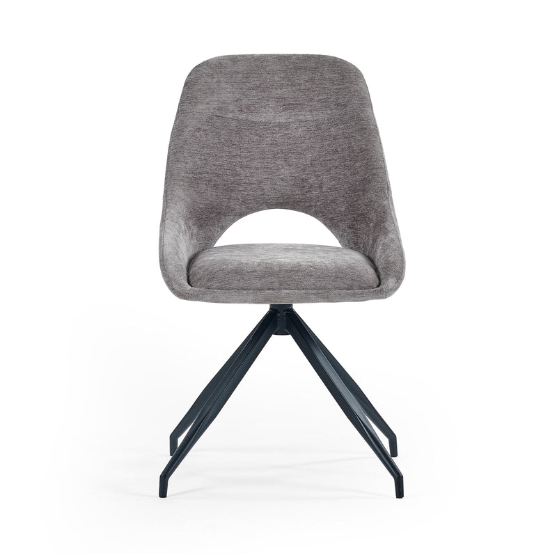 Gray upholstered chair with black metal legs on a white background